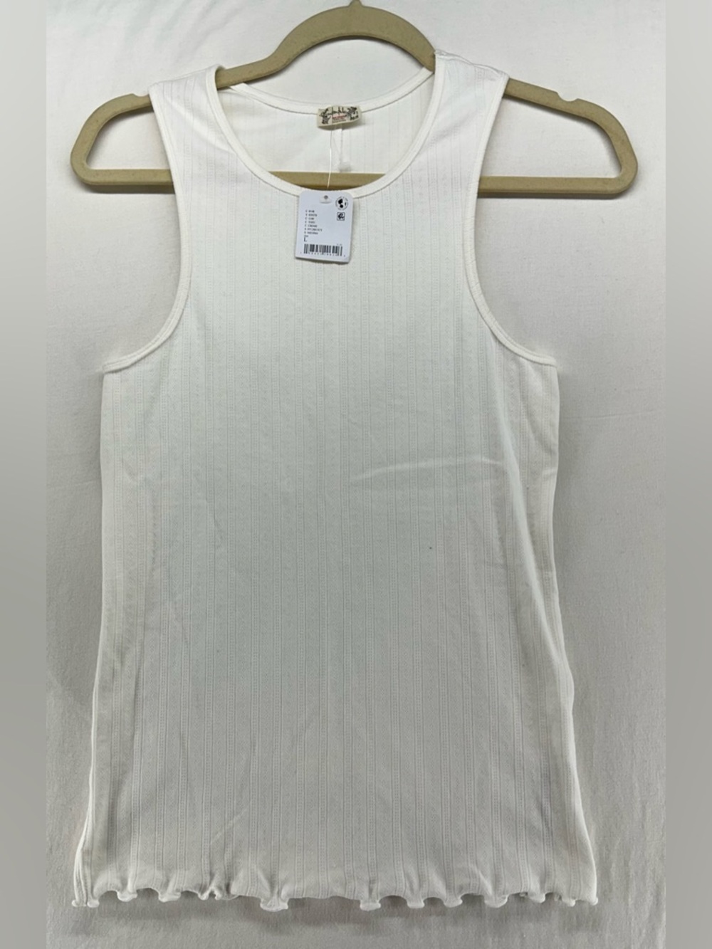 Free People Intimately Cream Ribbed Racerback Crew Neck Lettuce Hem Tank‎ Top L
